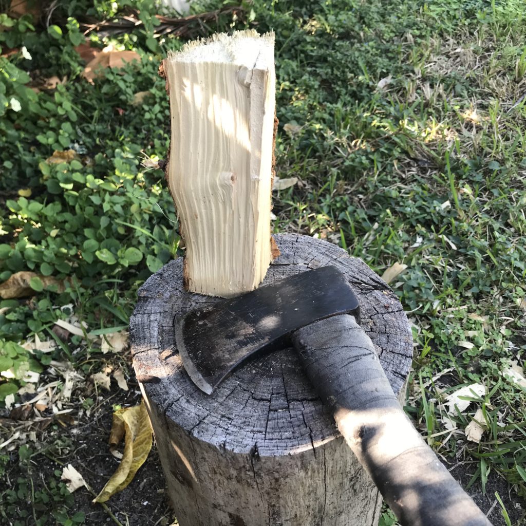 Quartered log and axe on stump